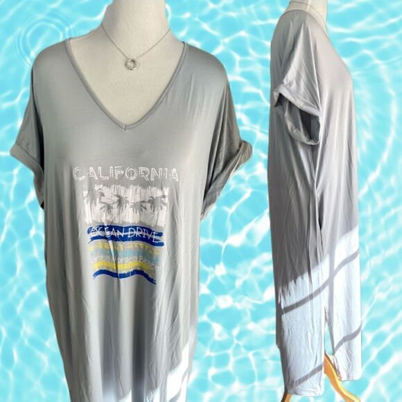 NWT California Beach Graphic Long Grey V-Neck T-Shirt Maxi Dress w/ Pockets - Picture 3 of 7